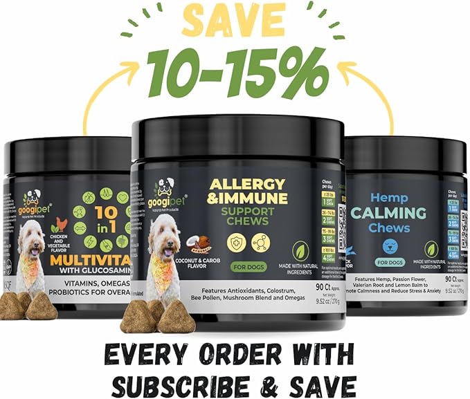 Googipet Dog Allergy Chews, Seasonal Dog Allergy Relief & Itchy Skin Relief, Skin & Coat Supplement +Bee Pollen, Colostrum, Coconut Oil, Probiotics, & Omega 3 Fish Oil for Dogs (Peanut Butter Flavor)