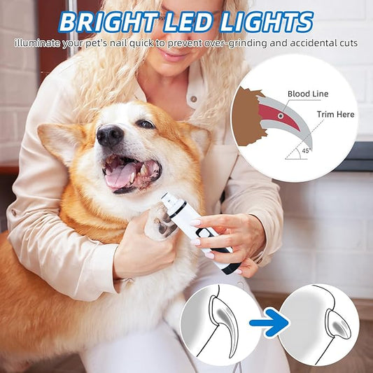 Dog Nail Grinder Super Quiet 2025 New Electric Pet Nail Grinder with LED Lights, USB Rechargeable, Cordless and 2 Speeds, Painless Nail Trimmer for Dogs and Cats Small to Large Pets (White-BK)