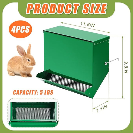 Maxcheck 4 Pcs Rabbit Feeder for Cages Small Animal Food Dispenser with Lid Metal Rabbit Feeders Outside for Guinea Pig(11.8 Inches,Green)