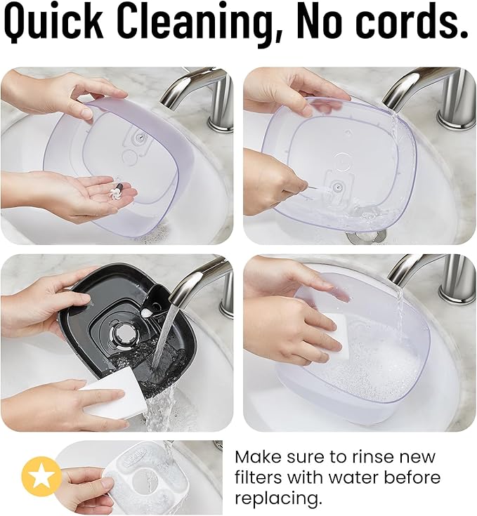 Veken Cat Water Fountain with Detachable Tank, 6 Filters & 6 Sponges, Easy to Clean & Assemble, 84oz/2.5L Pet Drinking Dispenser with Quiet Operation & LED Light for Cats, Dogs and Small Pets, Black