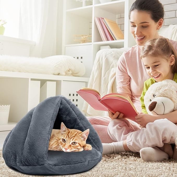 Plush Cat Cave Tent Bed Self Warming Pet Bed Washable Portable Sleeping Bag for Indoors Cats and Puppy (Grey)