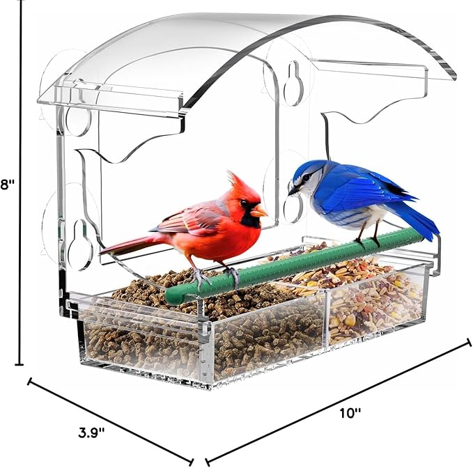 BPYOT Clear Acrylic Window Bird Feeder for Outside with 4 Strong Suction Cups and Detachable Seed Tray, Highly Transparent Outdoor Viewing Birdfeeder, Wild Bird House Box