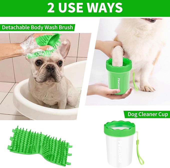Professional 7 in 1 Dog Paw Cleaner for Dogs & Cats - Includes 1 Portable Paw Washer, 1 Bath Brush, 2 Dog Toothbrushes and 3 Absorbent Towels Note: Fits Paws up to 2 Inches Wide (Small, Green)
