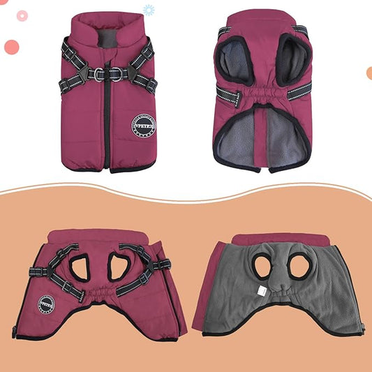 Winter Coat - Dog Jacket Padded Fleece Vest with Built-in Harness, Waterproof, Windproof & Reflective - Adjustable Snow Pet Coat for Small & Medium Dogs