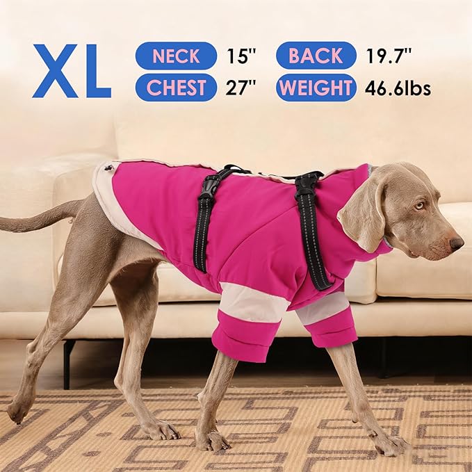 XL Winter Coat for Medium Dogs,Reflective Harness Built in | Turtleneck Dog Snowsuit with Sleeves for Snow Day Keep Warm,Outdoor Activities Water-Repellent & Windproof Jacket (Rosered)