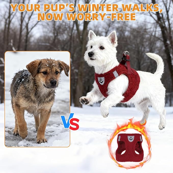 KOOLTAIL Plush Small Dog Harness and Leash Set, Warm Fleece No Pull Puppy Vest for Winter, Lightweight Reflective Step in Pet Harness for Medium Sized Dogs Boy Girl Outdoor Walking, Christmas Red S