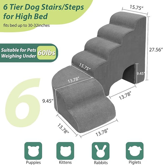 6 Tier Dog Stairs/Steps for High Bed, 27.5”H Non-Slip Pet Stairs Adjust to Left Side of Bed, Pet Steps for Puppies, Old Pets, and Injured Dogs, Gray