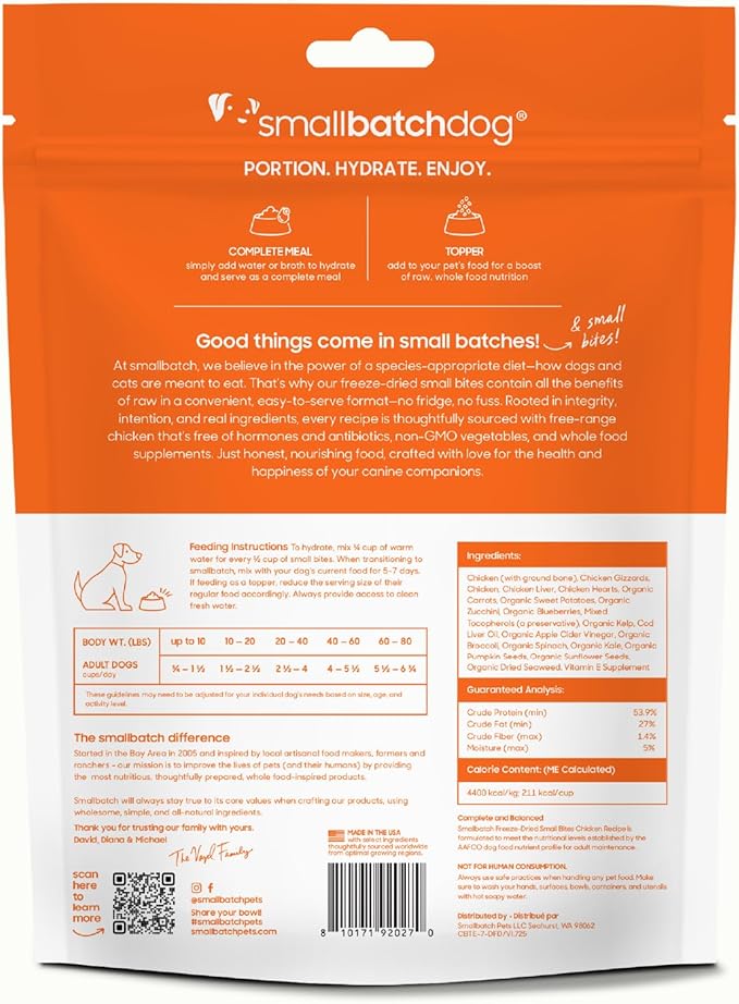 smallbatch Pets Freeze-Dried Raw Dog Food – Chicken Recipe –7 oz Small Bites – High Protein, Grain Free – Complete Meal or Topper – Made in USA with Organic Superfoods(7 Oz, Chicken)