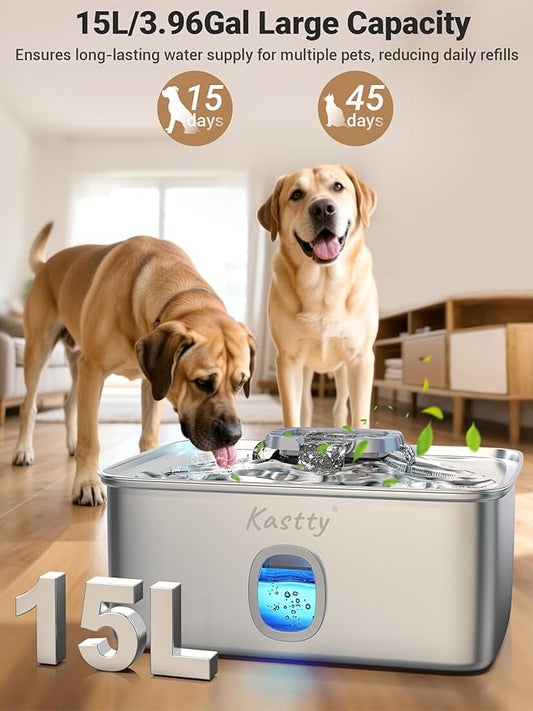 Kastty 15L/3.96 Gal Stainless Steel Dog Water Fountain, Large Capacity Dog Water Bowl Dispenser Quiet LED Light Triple Filtration BPA-Free, Automatic Pet Water Fountain Easy Cleaning for Pet FS76