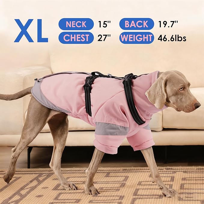 XL Winter Coat for Medium Dogs,Reflective Harness Built in | Turtleneck Dog Snowsuit with Sleeves for Snow Day Keep Warm,Outdoor Activities Water-Repellent & Windproof Jacket (Light Pink)