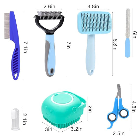 VCZONE 8 Pcs Dog Brush Grooming Kits, Includes Pet Nail Clipper and File, Flea Comb, Pet Shampoo Bath Brush, Pet Shedding Brush, Pet Dematting Comb, Silicone Toothbrush (Blue)