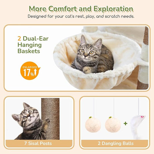 Globlazer Heavy Duty Cat Tree, 74in Sturdy Cat Tower for Large Cats Adult, Big Cat Tree with 7 Sisal Scratching Posts, 2 Padded Condos, 2 Dual-Ear Hanging Baskets, Enlarged Top Perch, S74, Beige