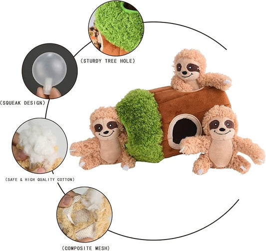 Interactive Squeaky Dog Toys Plush Sloth Dog Toy, Stuffing Woodland Friends Burrow, Squeaky Plush Dog Toy for Small Medium Large Dogs (Small)