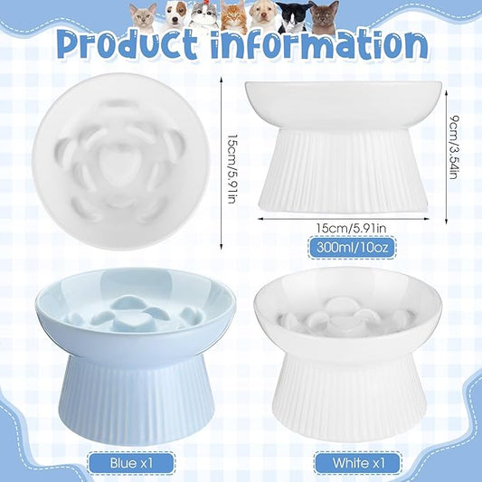 Tioncy 2 Pcs Raised Cat Slow Feeder Bowl Ceramic Elevated Cat Dog Food Bowl No Spill High Edge for Dry Wet Food and Water Easy to Clean, Dishwasher Safe(White, Blue)