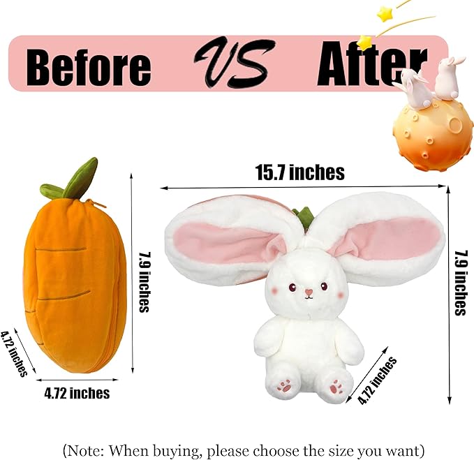YOUBLEK Bunny Stuffed Animal,Carrot Reversible Cuddle Bunny Plush Doll with Zipper Cute Soft Rabbit Toys Pillow for Kids and Adults Easter Bunnies Plushies Gifts (Carrot, 7.09 inches)