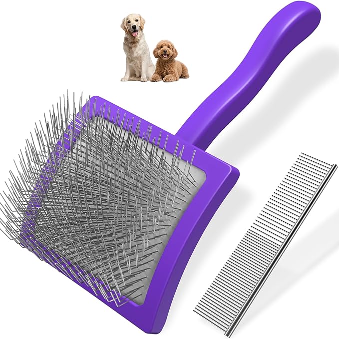 2PCS Slicker Brush for Dogs & Pet Comb,Professional Dog Grooming Brush (Goldendoodles,Poodles,Labradoodles) with Extra Long Pins to Effectively Remove Tangles, Knots and Mats (Purple, Large)