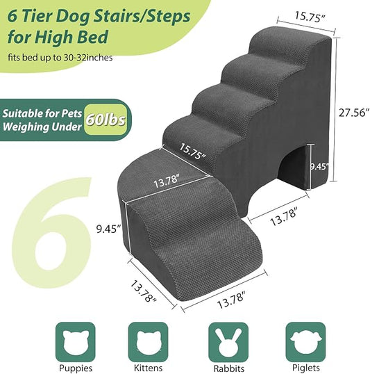 6 Tier Dog Stairs/Steps for High Bed, 27.5”H Non-Slip Pet Stairs Adjust to Left Side of Bed, Pet Steps for Puppies, Old Pets, and Injured Dogs, Dark Gray