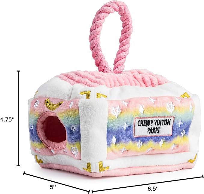 Haute Diggity Dog Pink Ombre Chewy Vuiton Trunk, Plush Designer Dog Toys with Interactive Squeaker, Stimulating Pet Enrichment, Machine-Washable & Safe Materials for All Breeds