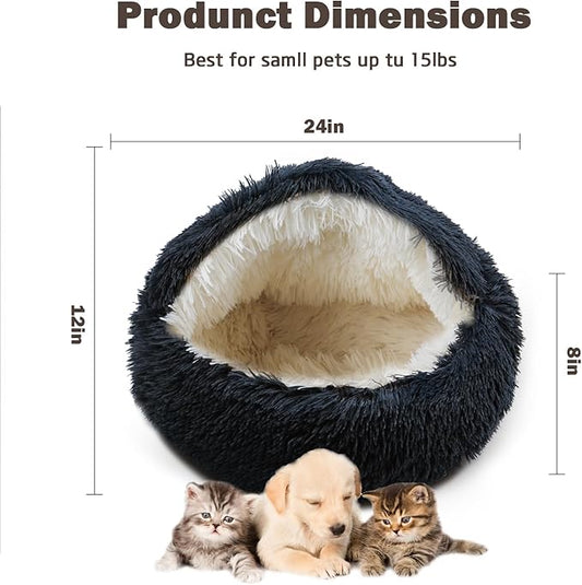 Cat Bed for Indoor Cats, Calming Cozy Cave with Self-Warming Plush, Entire Bed Machine Washable & Anti-Slip Base, Breathable Pet Bed for Small Cats&Dogs All Seasons (Dark Gray, 24 * 24inch)