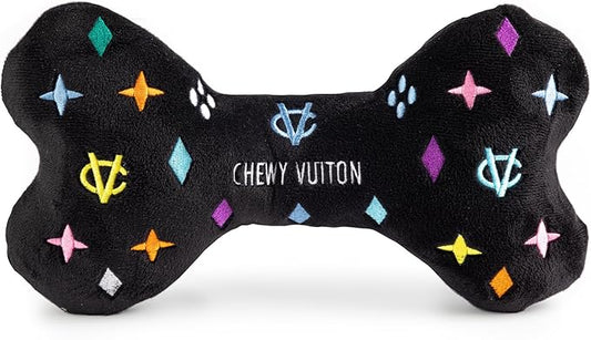 Haute Diggity Dog Black Monogram Chewy Vuiton Bone, Plush Designer Dog Toys with Interactive Squeaker, Stimulating Pet Enrichment, Machine-Washable & Safe Materials for All Breeds, Size XL