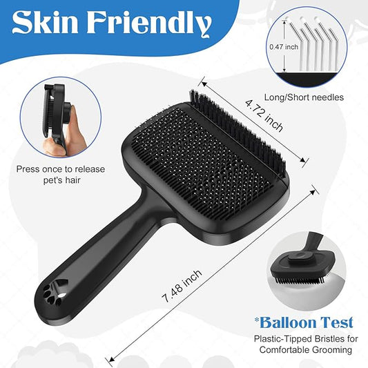 Self Cleaning Dog Brush for Shedding - Bristle Brush and Long/Short Needles Design, Skin Friendly, Slicker Deshedding Dog Brush, Hair Removal for Long & Short Haired Pets (Black)