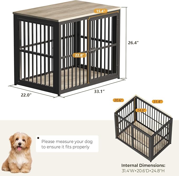 Lyromix 33'' Dog Crate Furniture with 3 Doors,Wooden Crate End Table Heavy Duty Indoor Puppy Cage for Small to Medium Dogs, Multiple Units Can be Combined, Grey