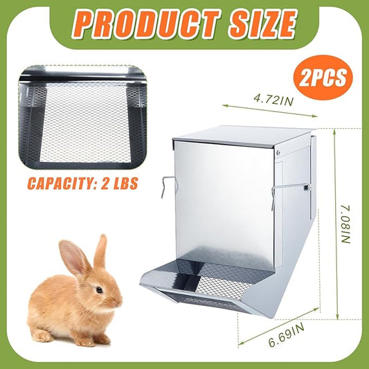 Maxcheck 2 Pcs Rabbit Feeder for Cages Small Animal Food Dispenser with Lid Metal Chicken Grit Oyster Shell Feeders Outside(4.7 Inches,Mesh Bottom,Silver)