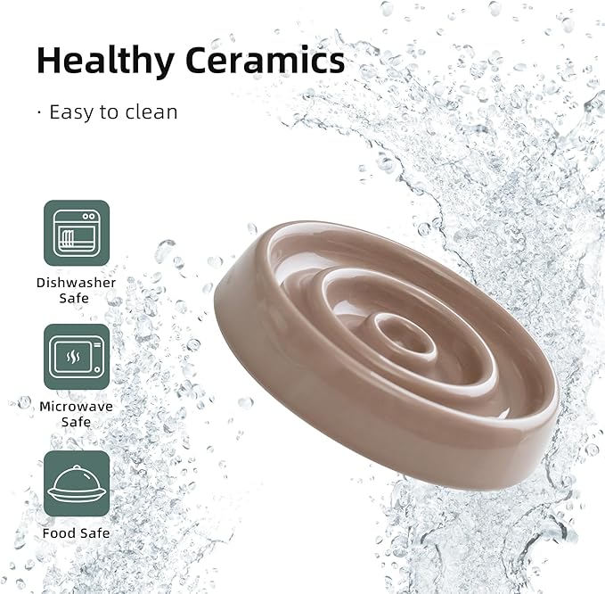 Ceramic Slow Cat Feeder Bowl, Raised Slow Cat Food Bowl, Elevated Cat Water Bowl with Wooden Stand, Pet Slow Feeder Bowl, Circle Shape. (2 x Bowl with Stand - Brown Coffee, 6inch)