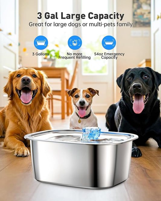 Stainless Steel Dog Water Fountain,3 Gallon Large Pet Water Fountains for Dogs and Cats, 12L /422oz Dog Water Bowl Dispenser w/Filter Drinking Bowls Indoor, Cat Founatin Quiet Pump, Easy to Use