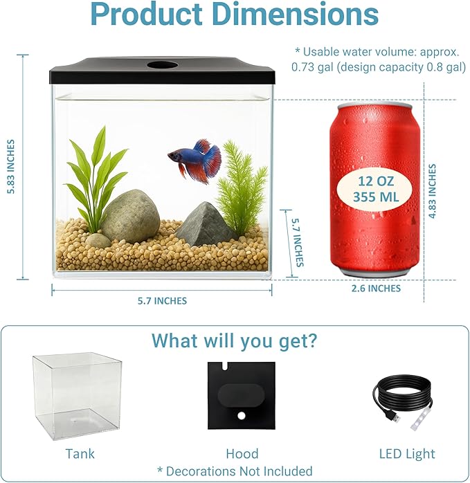 SW PRODUCTS 0.8-Gallon Cube Fish Bowl, Shatterproof Plastic Fish Bowl with LED Lighting, Temporary Fish Tank for Isolation, Decoration & Education