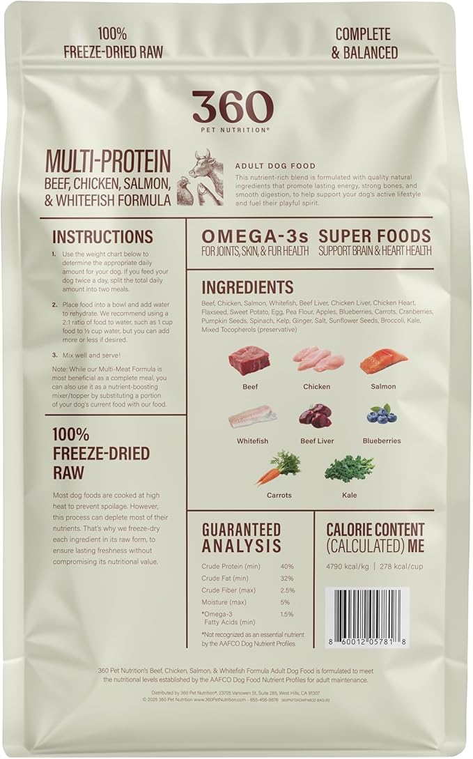 360 Pet Nutrition Freeze-Dried Raw Dog Food – Multi-Protein with Beef, Chicken, Fish, Liver & Organs, High Protein, Omega-3s, Fruits, Veggies & Superfoods, Grain-Free, No Fillers, 3 lb – Made in USA