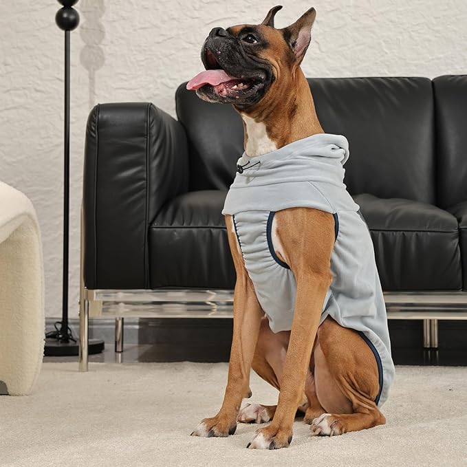Fleece Dog Sweater - Stretch Warm Dog Fleece Jacket Vest Sweatshirt with Hood, Leash Hole, Sleeveless & Reflective - Soft Pullover Hoodie for Medium Large Dogs, Fall & Winter Walks - Blue 4XL