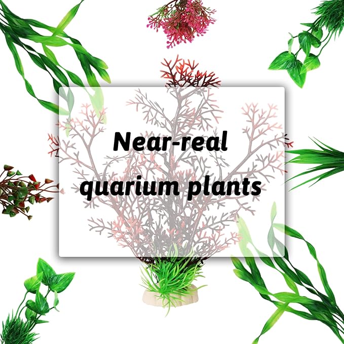 PietyPet Fish Tank Decorations Plants with Resin Cave Rock View, 9pcs Aquarium Decorations Plants Plastic,Fish Tank Accessories, Fish Cave and Hideout Ornaments, Aquarium Decor