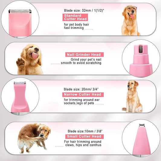 Dog Grooming Clippers Kit-Electric Rechargeable Cat Trimmer Tools-Cordless Quiet Pet Nail Paw Grinder-4 in 1 Multifunctional Low Noise Shaver-Razor for feet Face Ears Toenail Eye(Pink)