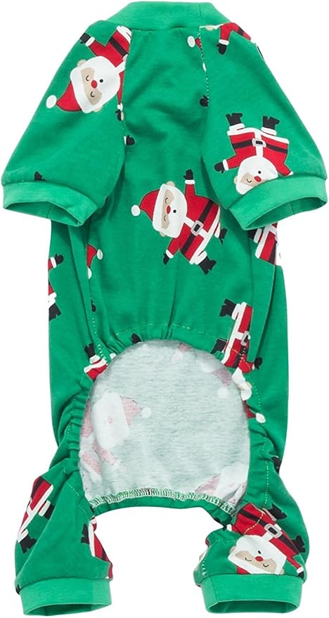 Lanyarco Green Santa Claus Christmas Puppy Cat Pajamas, Cotton Pet XMS Chihuahua Dog Pajamas PJS for XSmall Dogs Cats Kitten, Back 9" XSmall