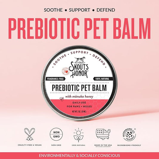 SKOUT'S HONOR Prebiotic Pet Balm - 100% Natural and Made w/Manuka Honey to Promote Healing of Your pet's paw Pads and Nose, Soothes Dry, Itchy Paws and Noses - Safe for Cats and Dogs, 0.7 oz, 6-Pack