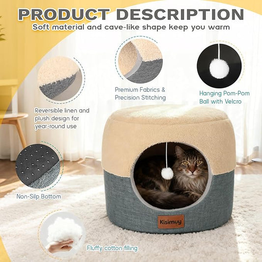 Cat Cave Bed for Indoor Cats, 2-in-1 Foldable Cat House & Lounge for Small & Medium Cats with Reversible Cushion - Calming Anti-Anxiety Pet House, Soft Plush & Anti-Slip Bottom, 15.7 Inch