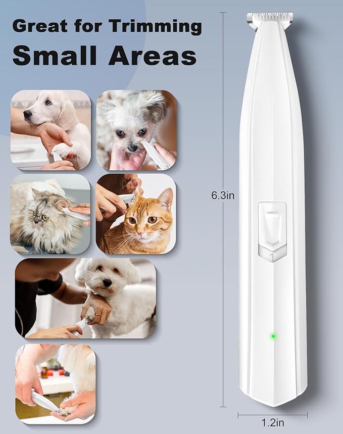 Dog Paw Trimmer for Grooming, Cordless Rechargeable Dog Clippers with Widened Blade, Low Noise Electric Cat Precision Shaver for Small Pet's Hair Around Eyes, Faces, Ears, Paws, Rump(White)