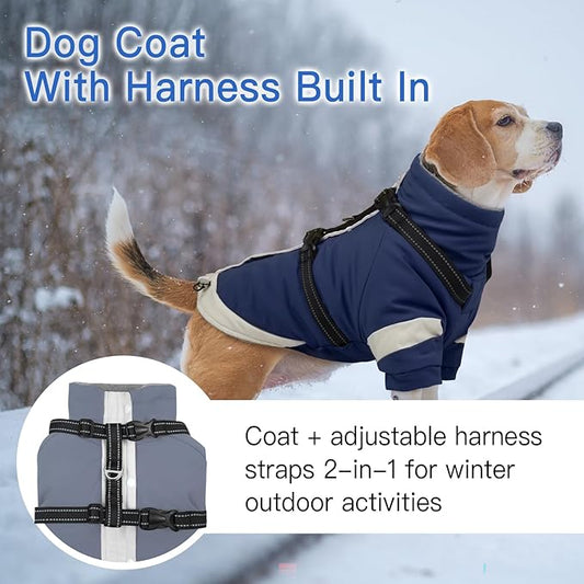 XX-Large Dog Winter Coat with Harness 2 in 1-for Walk The Dogs | Thick and Warm Lining for Cold Winter,Turtleneck Windproof Snowsuit with Sleeves,Night Reflective Harness(Navy-Blue)
