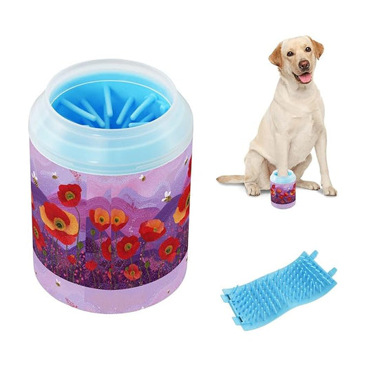 Dog Paw Cleaner Cups for Dogs Pets Foot Washer Paw Scrubber for Medium Small Cats Dogs Cleaning Cup Poppy Flowers Dots and Bees