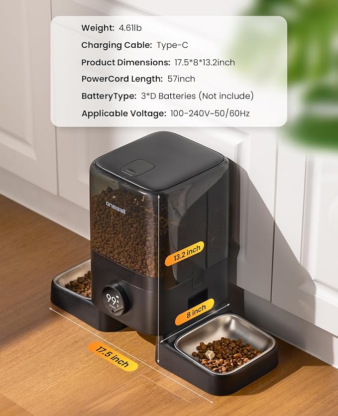 oneisall Cordless WiFi Automatic Cat Feeder for 2 Cats, Rechargeable 100-Day Battery Operated Auto Cat Feeder, 20 Cups/5L Timed Cats Food Dispenser Automatic for Large Kibble, Smart App Control
