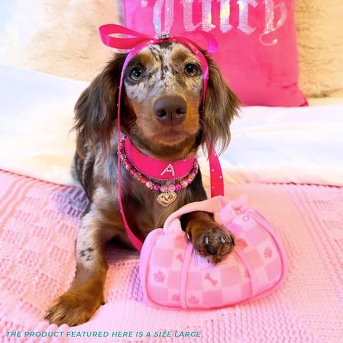 Haute Diggity Dog Pink Checker Chewy Vuiton Handbag, Plush Designer Dog Toys with Interactive Squeaker, Stimulating Pet Enrichment, Machine-Washable & Safe Materials for All Breeds, Size Large
