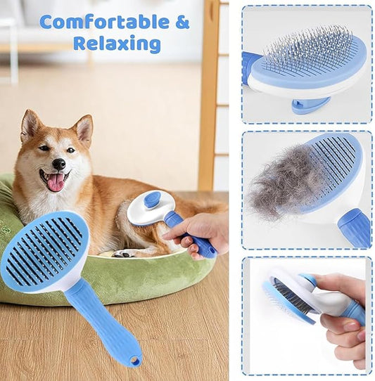 7pcs Pet Grooming Kit, Self-Cleaning Brush Shedding Kit with Nail Clipper, Flea Comb, Shampoo Bath Brush, Finger Toothbrush, Storage Bag (Blue)