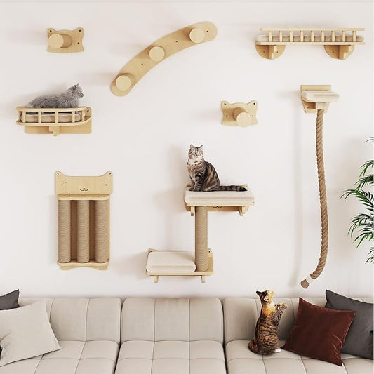 BYBYME Cat Climbing Wall Set Made of Natural Wood, 8 Pcs Sturdy Furniture with Scratching Posts, Kitten Platform, 100CM Sisal Rope and Cat Bed for Cats Sleeping, Playing, and Lounging(Natural Wood)