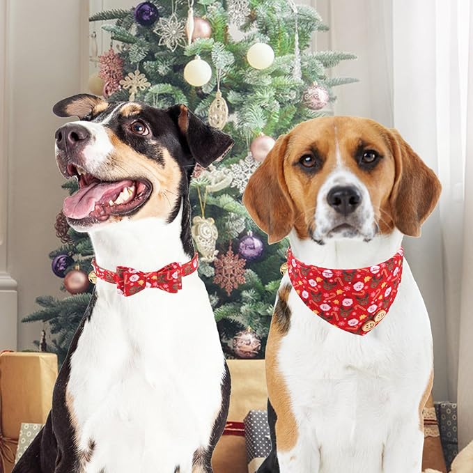 KOOLTAIL Christmas Small Dog Collar and Leash Set with Bowtie and Bells-Puppy Collar Leash for Female with Matching Pattern, Soft Leather Tangle Free Leashes for Small Dogs Boys Girls Red