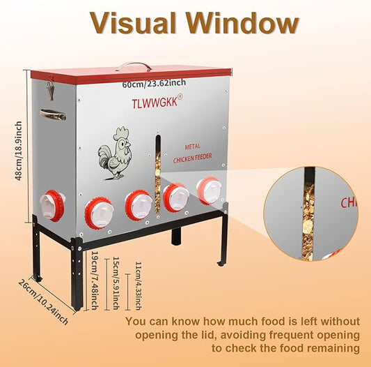 85 lbs Large Automatic Chicken Feeder - 10-Port No-Waste Dispenser with Visual Window & Height-Adjustable Legs - Rodent/Goat Proof, All-Weather Heavy-Duty Galvanized Metal Design for Outdoor Poultry