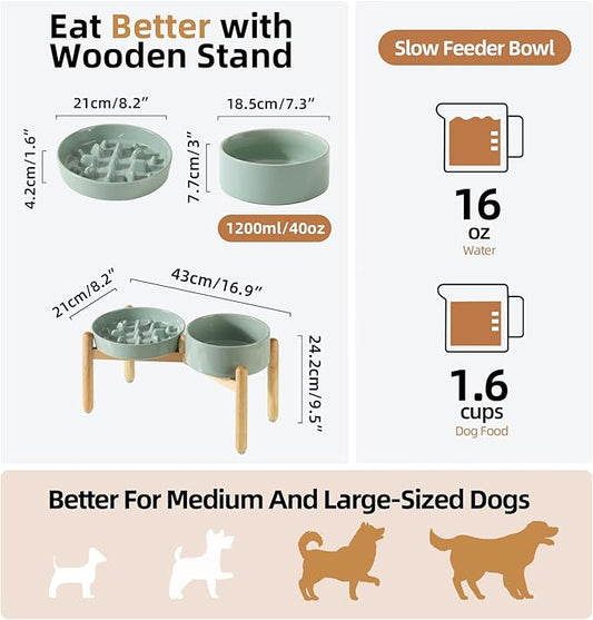 Ceramic Raised Slow Feeder Dog Bowl Set, Elevated 7.3inch Bowl and 8.2inch Slow Pet Food Dish with Wooden Stand for Medium and Large Dog (2 x Light Green+ Stand)