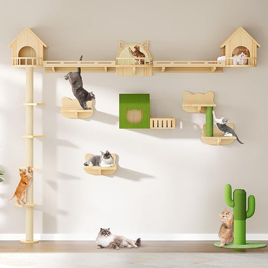 DWVO Solid Wood Cat Wall Shelves and Perches, Tall Floor to Ceiling Cat Tower w Scratching Posts, Wall Mounted Cats Furniture Climbing Shelves for Large Cats w Houses, Steps, Runway, Scratching Board