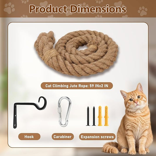 2" x 4.92Ft Cat Climbing Rope with Hook, Natural Jute Ropes for Ceiling and Wall Mounted, Durable and Safe Cat Climbing Sisal Rope Toy with Cats Scratch Rope, Suitable for Indoor and Outdoor