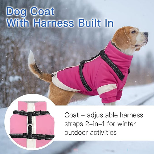 XS Dog Winter Coat with Harness Built in - Turtleneck with Sleeves| Reflective Water-Repellent Jackets for Cold Night,Warm Snow Suit for Snowy Day,Chihuahua (Rosered)
